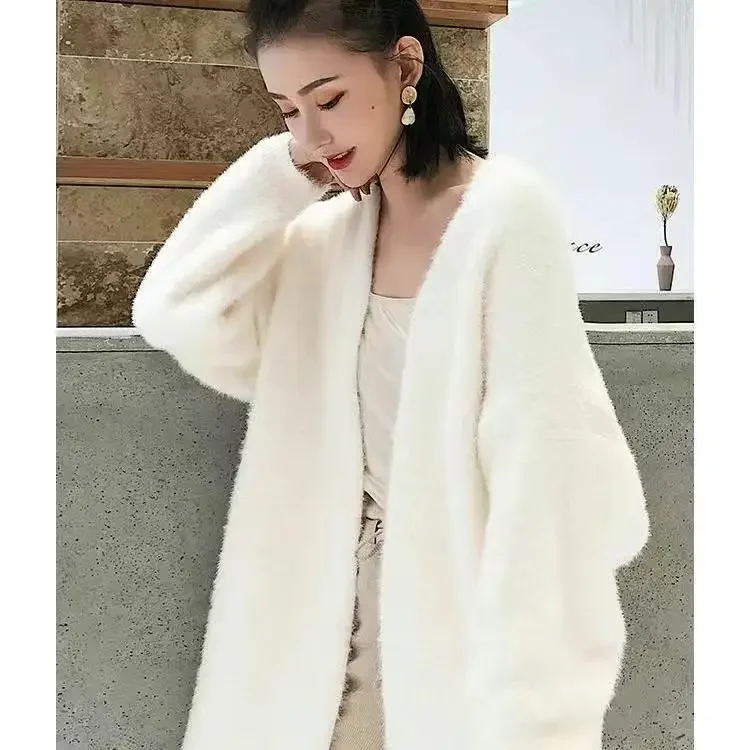 white Long Cardigan for women 2024 winter clothes Knitted fluffy long sleeve Cashmere sweater coat  style  vintage