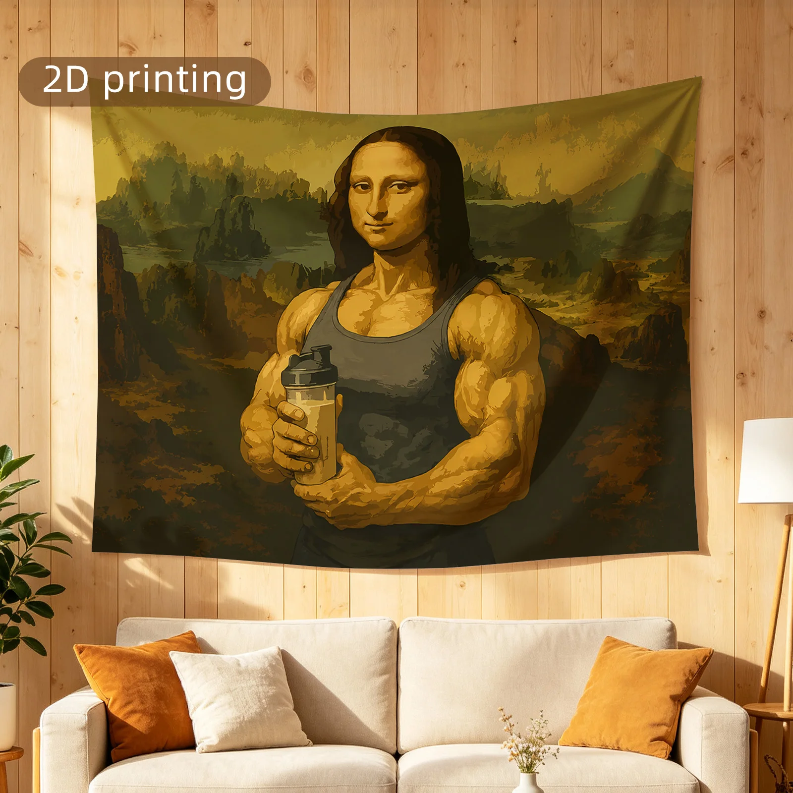 Epic Muscular Man Holding Shaker Bottle Landscape Tapestry Wall Hanging for Gym or Man Cave Decor