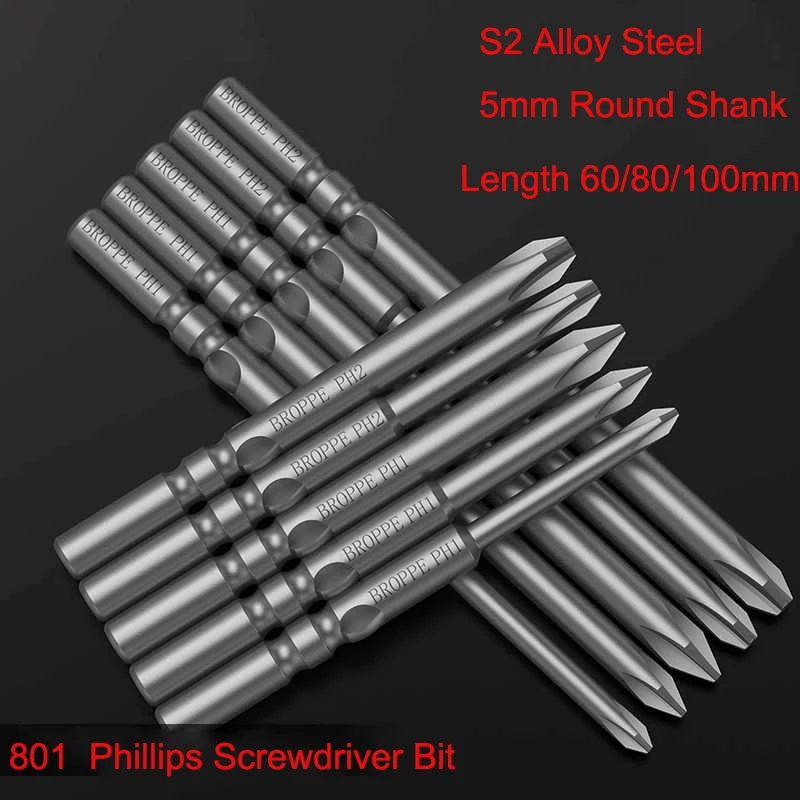 801 Phillips Electric Screwdriver Bit S2 Alloy Steel 5mm Round Shank Strong Magnetic Cross Screwdriver Bit Length 60/80/100mm