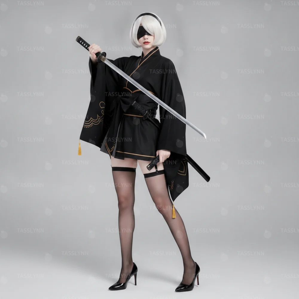 Women 2B NieR Outfit, Wide Sleeve Tassel Yukata Big Bow Waistband Garter Stockings Full Set, Anime Japanese Roleplay Costume
