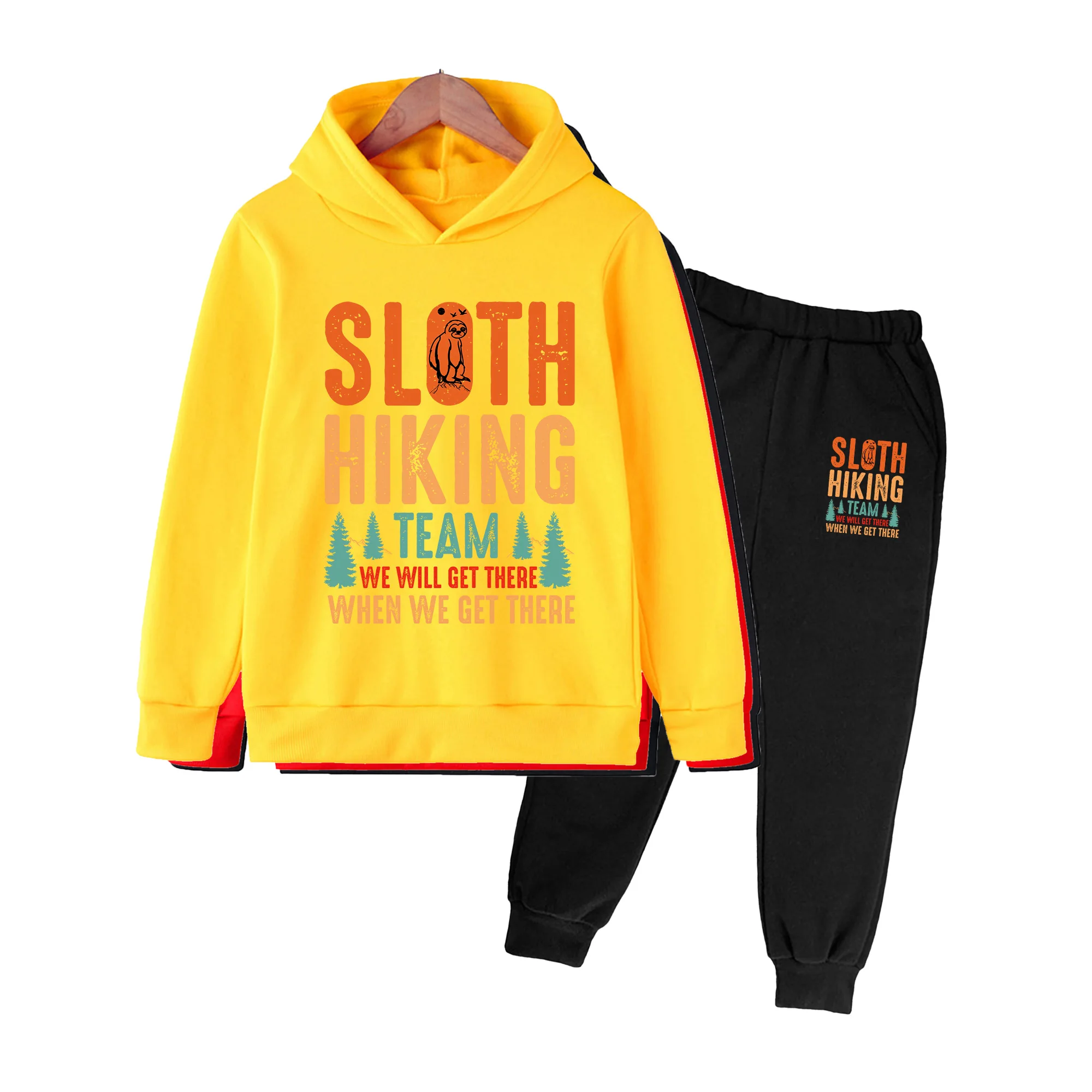 Kids Sloth Hiking Team Print Hoodie & Pants Set, Casual Long Sleeve Outfit for Boys Girls Outdoor Camping Travel