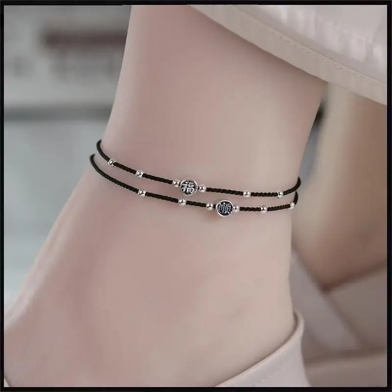 Lucky Silver Color Bead Rope Anklet Ornament Accessories Adjustsize Tie Foot Friend Gift Lucky Simple Anklet Personality Jewelry