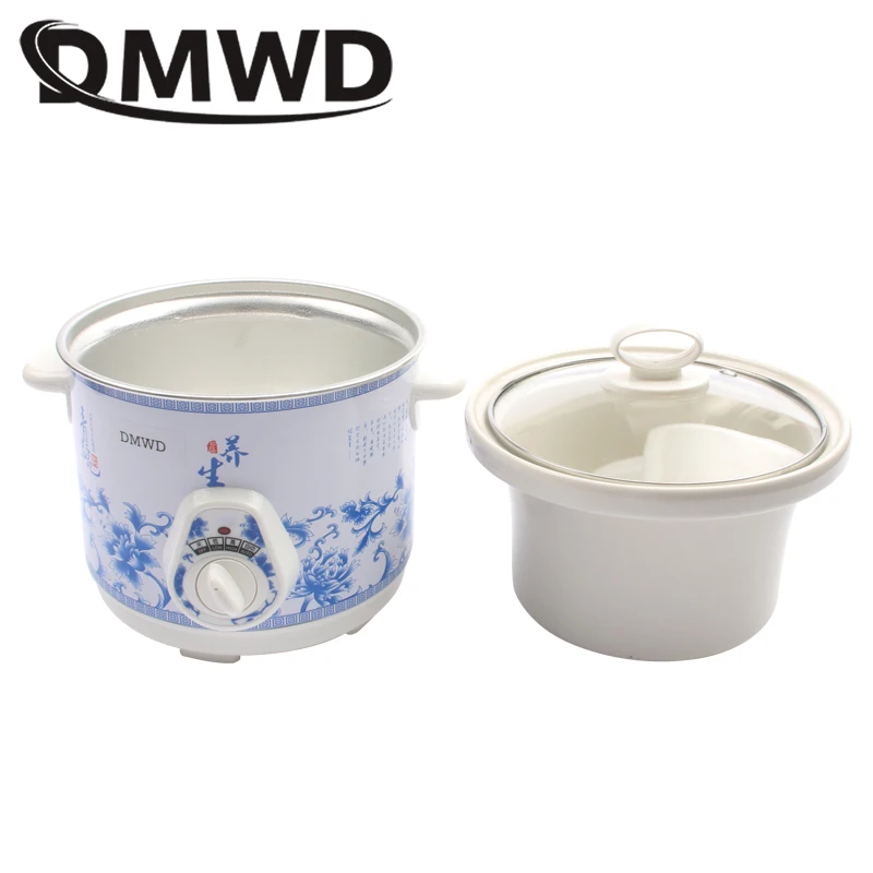 DMWD electric 140w Slow Cookers mini mechanical timer control stew foods Ceramic liner Blue and white porcelain color 1.5L