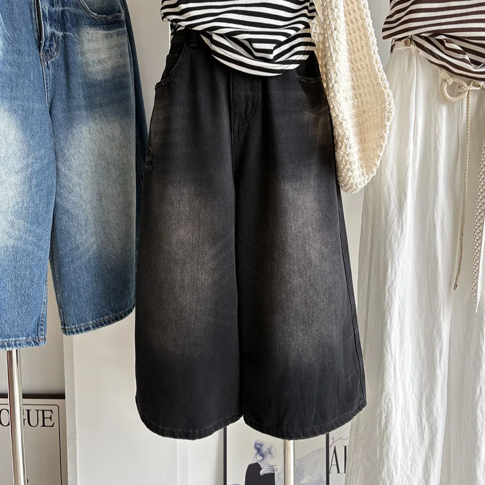 

American Style Vintage Black Grey Denim Shorts Women's Loose Fit Summer New Casual High Waist Wide Leg Pants