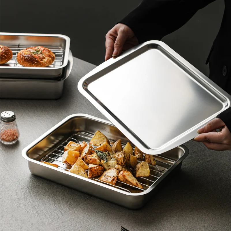

Lekfre Прямоугольная форма для выпечки из нержавеющей стали SS304 Поднос для еды с плоским краем и проволочной стойкой Форма для выпечки из нержавеющей стали Безопасная для духовки