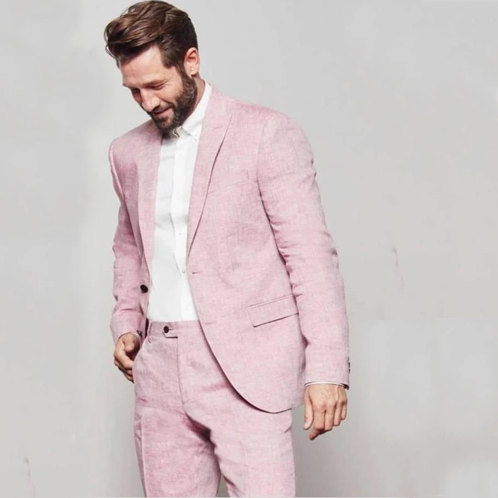 Traje de lino para hombre, chaqueta y pantalones, traje de novio para boda, conjunto de 2 piezas con solapa, trajes de lujo de un solo pecho, Blazer