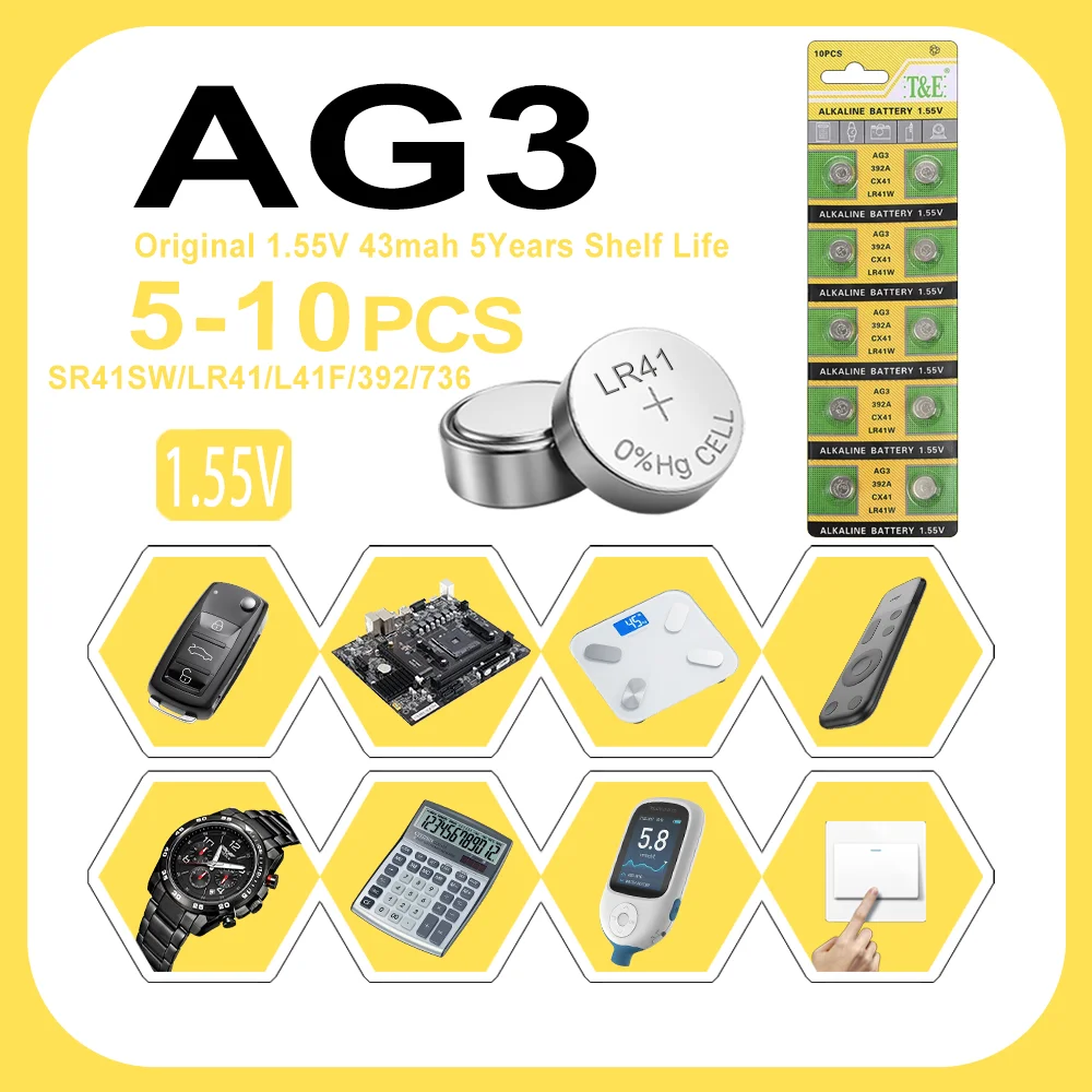5-10PCS 1.55V AG3 LR41 Button Batteries SR41 392 192 Round Cell Coin Alkaline Battery L736 384 SR41SW CX41 For Watch Toys Clock