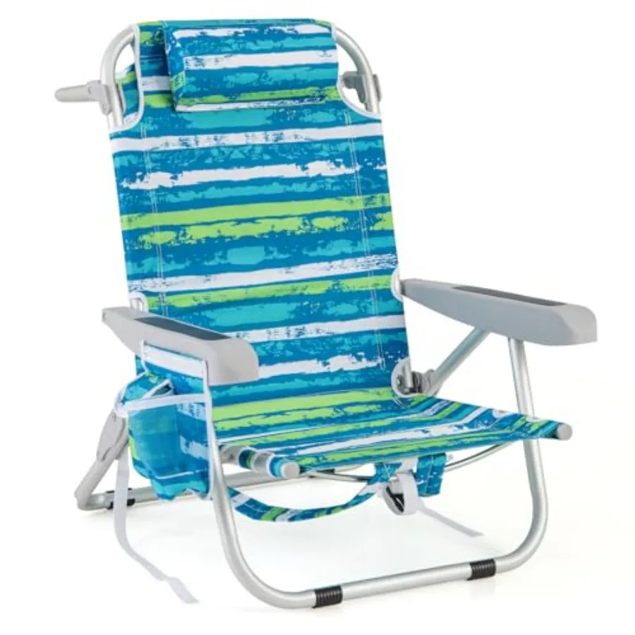 

Beach Chair for Adults: Aluminum Black 330lbs Capacity 5-Position Backrest Storage Pockets Towel Bar Headrest Foldable Backpack