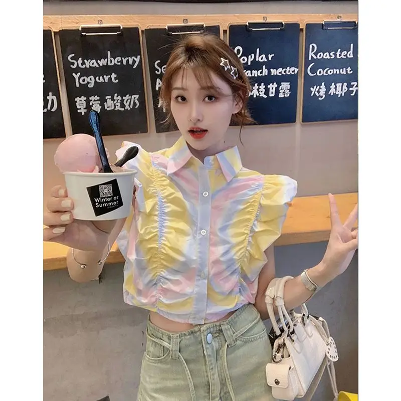 Korea Blouses Draaien Kraag Vliegende Mouw Tie Dye Mode Crop Tops Zomer All Match Design Vrouwen Shirt