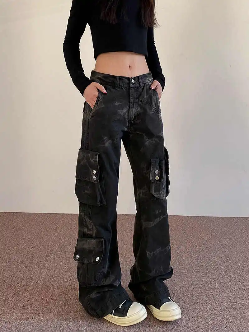 

Camouflage Jeans for Women High Waist American Wide Leg Pants Y2K Vintage Straight Denim Trousers 2025 Summer Oversize Pants