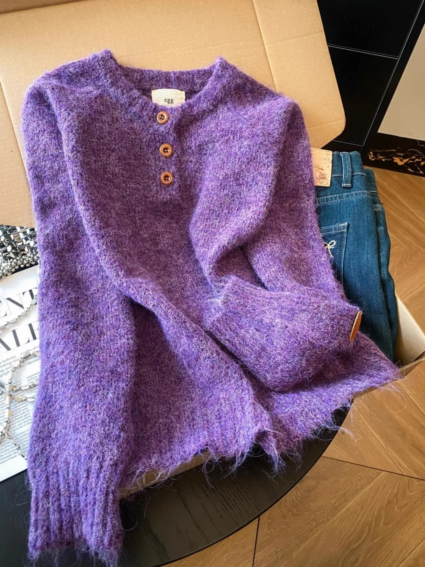 

Soft Lazy Sle Purple Fce Sensation f Open Collar Sweater Women's Autumn Winter Layering Knitted Loose Fit round Ne