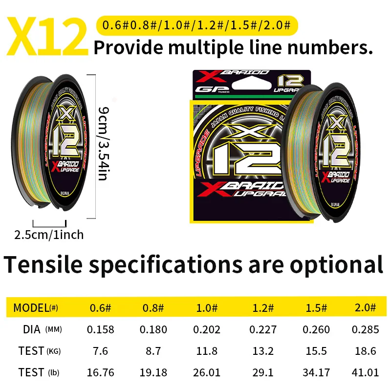 

12 series of 100 meters fishing line, high density super strength, multi-strand structure, smooth surface treatment,