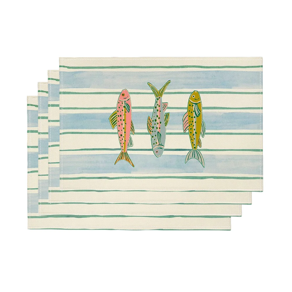 Watercolor Fish Placemats Set Striped Coastal Theme Table Mats for Beach House Kitchen Dining Decor