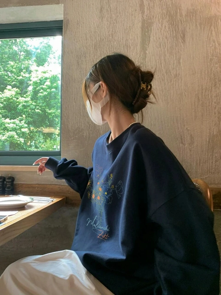 

Женская толстовка больших размеров с цветочным принтом в стиле ретро, свободного кроя, утепленная, осенне-зимняя, повседневная, в корейском стиле, с круглым вырезом