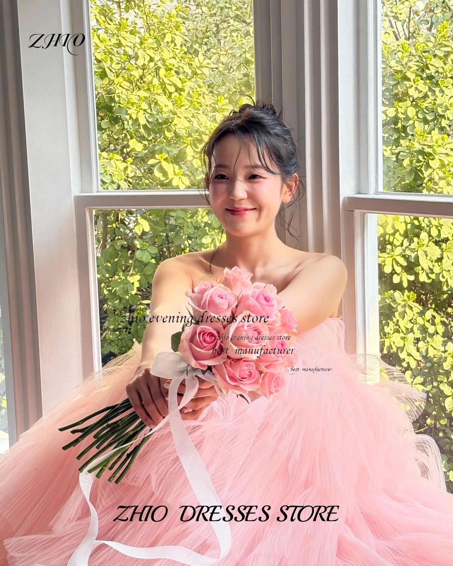 فستان ZHIO ذو طبقات وردية حالمة من التول لحفلات الزفاف الكورية بدون أكمام مشد مخصص بطول الأرض فساتين زفاف رومانسية للحديقة