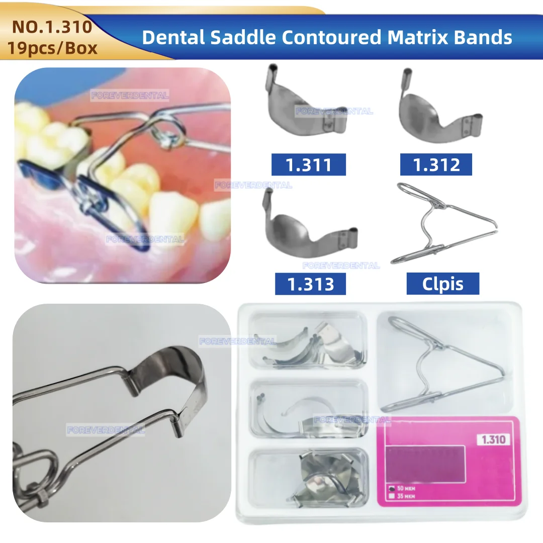 1.310 Dental Saddle Contoured Metal Matrices Matrix 50um Thick Universal Kit with Spring Clip 1.003