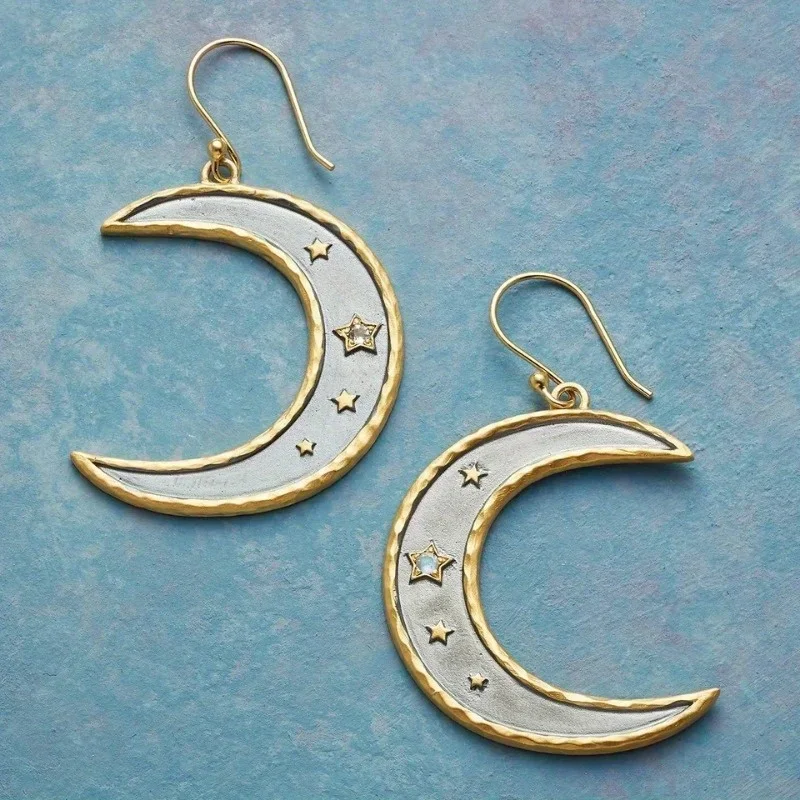 Fashion Gold Color Moon Star Pendant Earrings For Women Two Tone Asymmetric Design Personality Earrings Jewelry Gifts