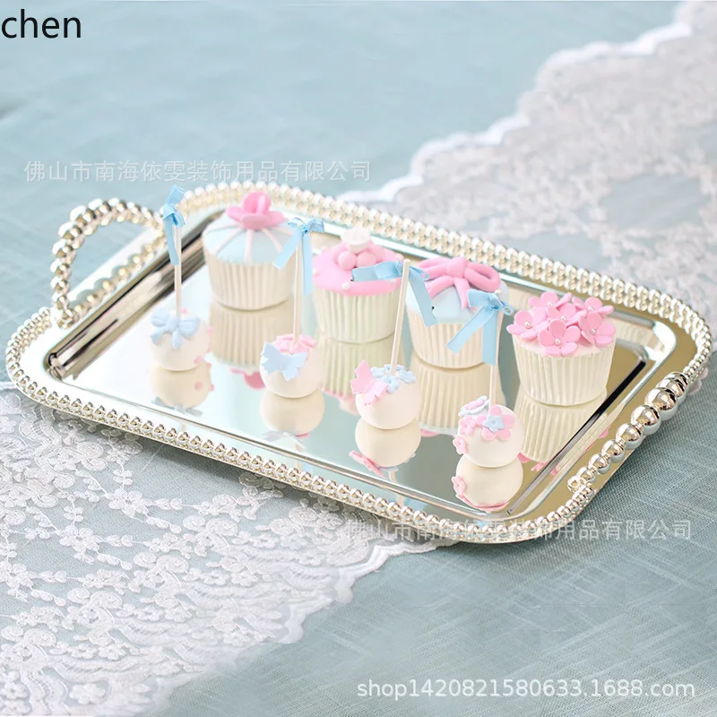 PYH European Style  Silver Bead Plate Cake Dessert Plate Metal Round Dessert Table Wedding Decoration Ornament