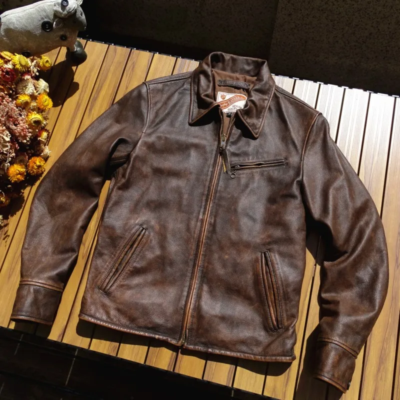 Washed Vintage Cowhide Leather Jacket for Men Coat