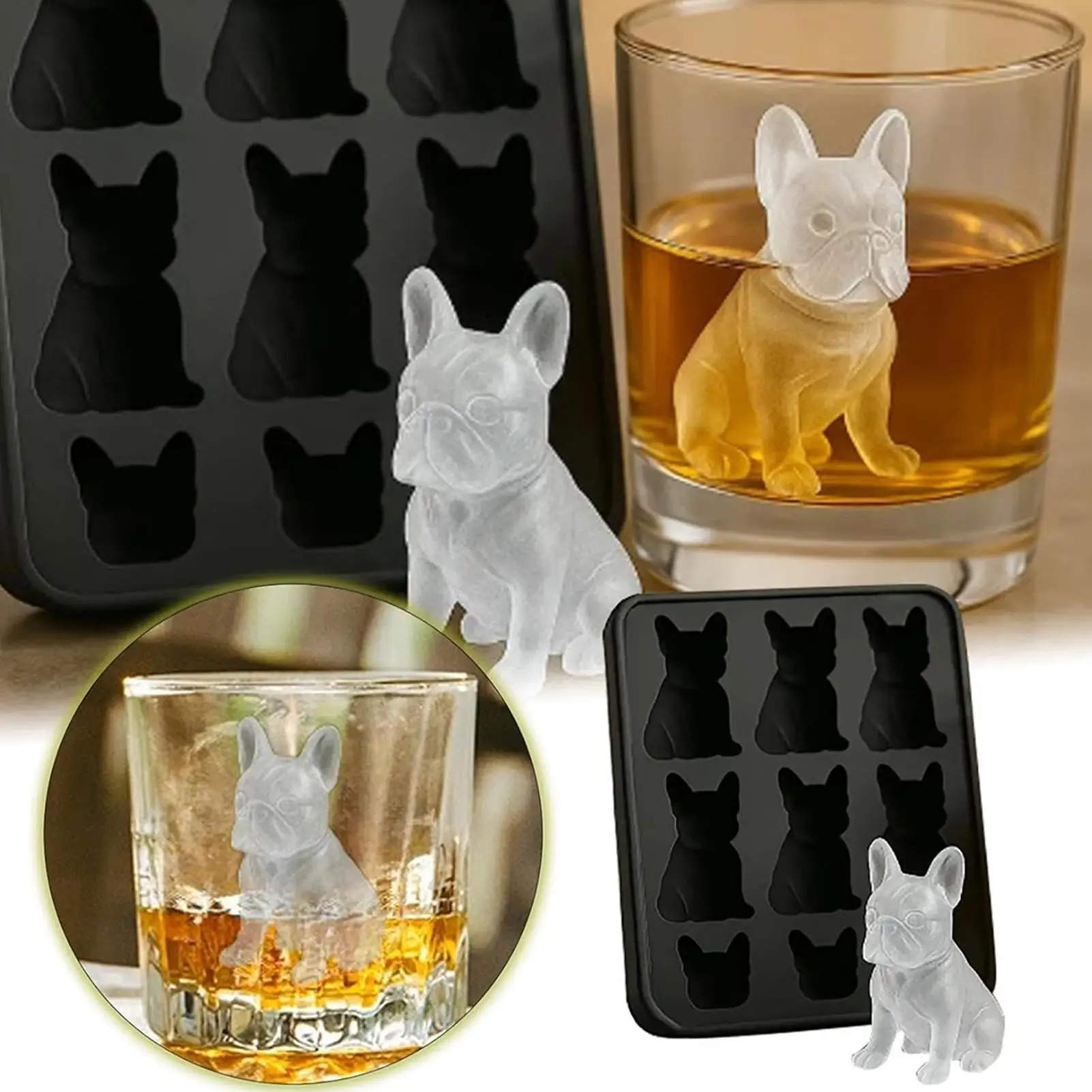 Whiskey-Eisform, Silikon, Neuheit, französische Bulldogge, Eisform, 9 Gitter, leicht zu lösende Getränke in Lebensmittelqualität, Eisblock-Hersteller für die Herstellung von Getränken