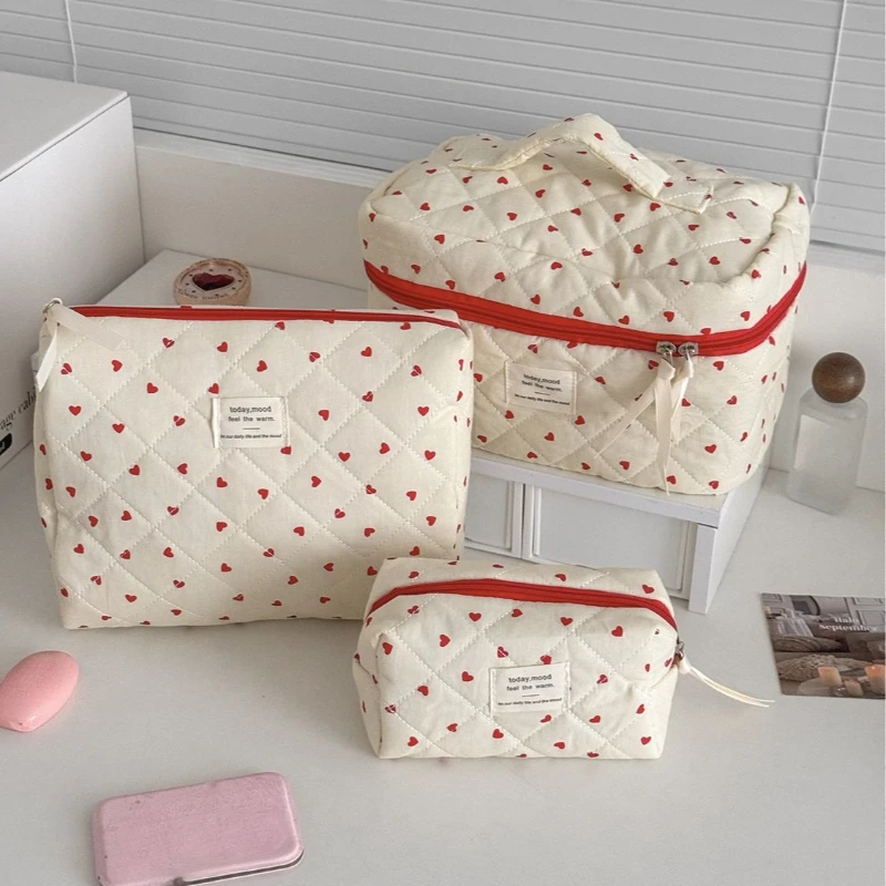 Cute Corduroy Heart Cosmetic Bags for Women Large Capacity Makeup Bag Travel Organizer