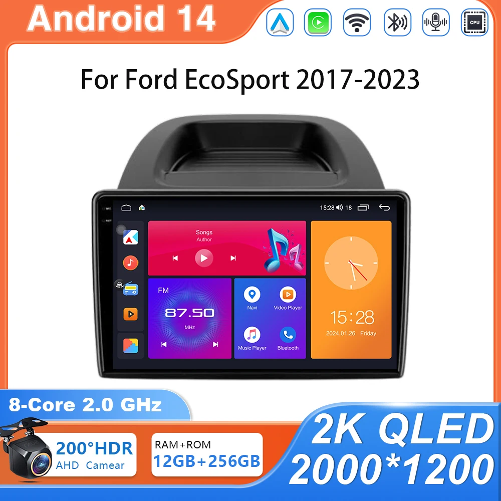 

Автомобильный радиоприемник Android 14 для Ford EcoSport Eco Sport 2017-2023 Мультимедийный видеоплеер Навигационный стерео GPS 2din DVD 4G WIFI BT
