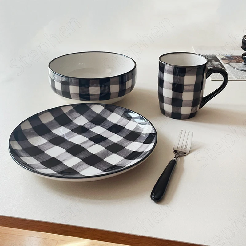 Glaze Color Black and White Checkered Ceramic Plate Chinese Modern Simple Coffee Cup Afternoon Tea Cake Dessert Plates Tableware