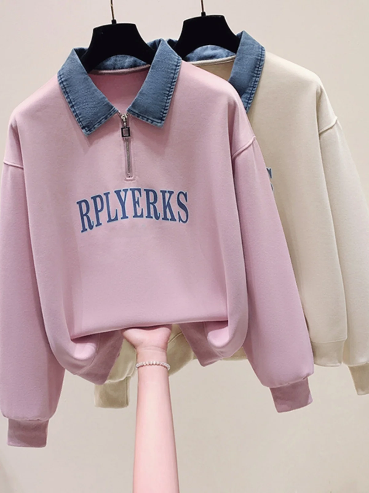 

Повседневная толстовка с воротником и молнией для девочек-подростков, весна-осень, новый стиль, джинсовый воротник, на молнии до середины, уличный стиль