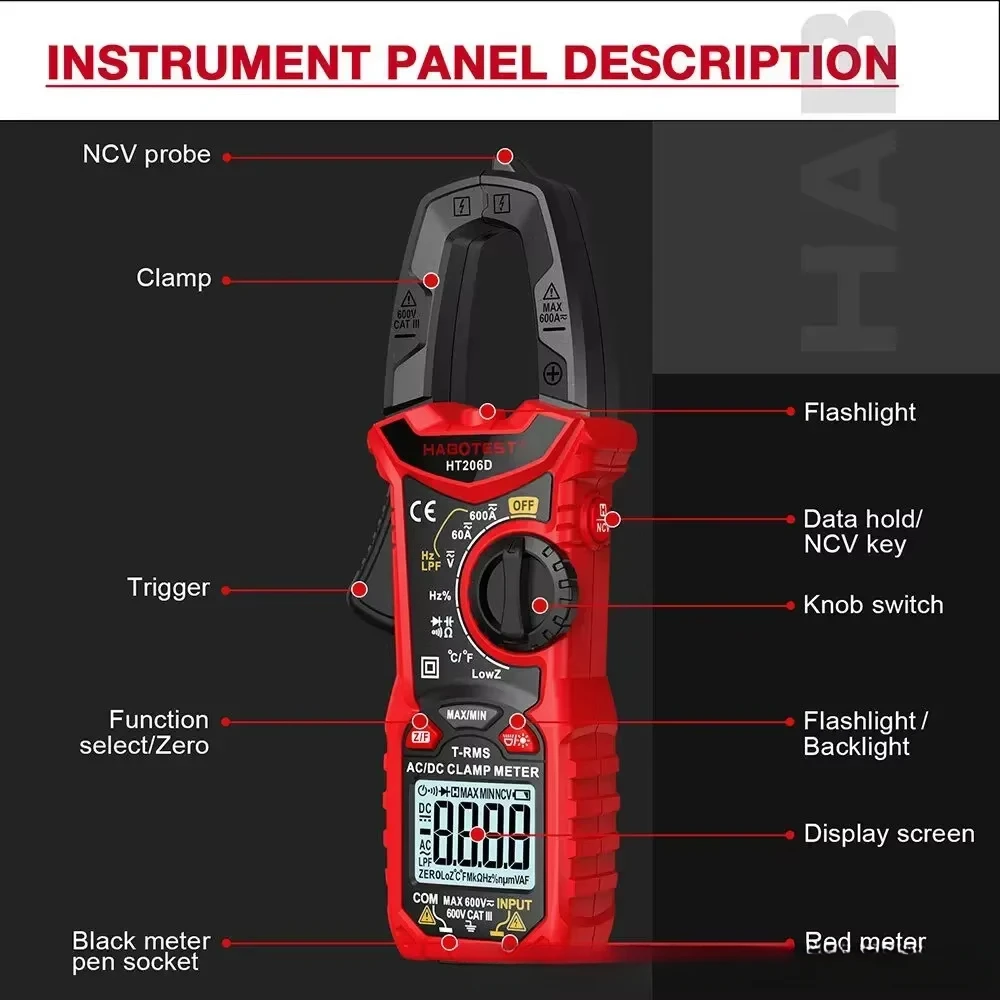 HT206 AC/DC current digital clamp multimeter electrician ammeter temperature capacitor NCV600A