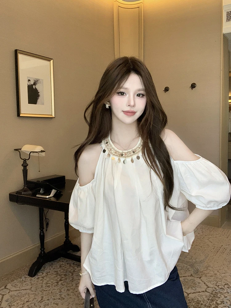 

Элегантная женская блузка с коротким рукавом и открытыми плечами, дизайн Pure Desire, летний модный молодежный топ из полиэфирного волокна