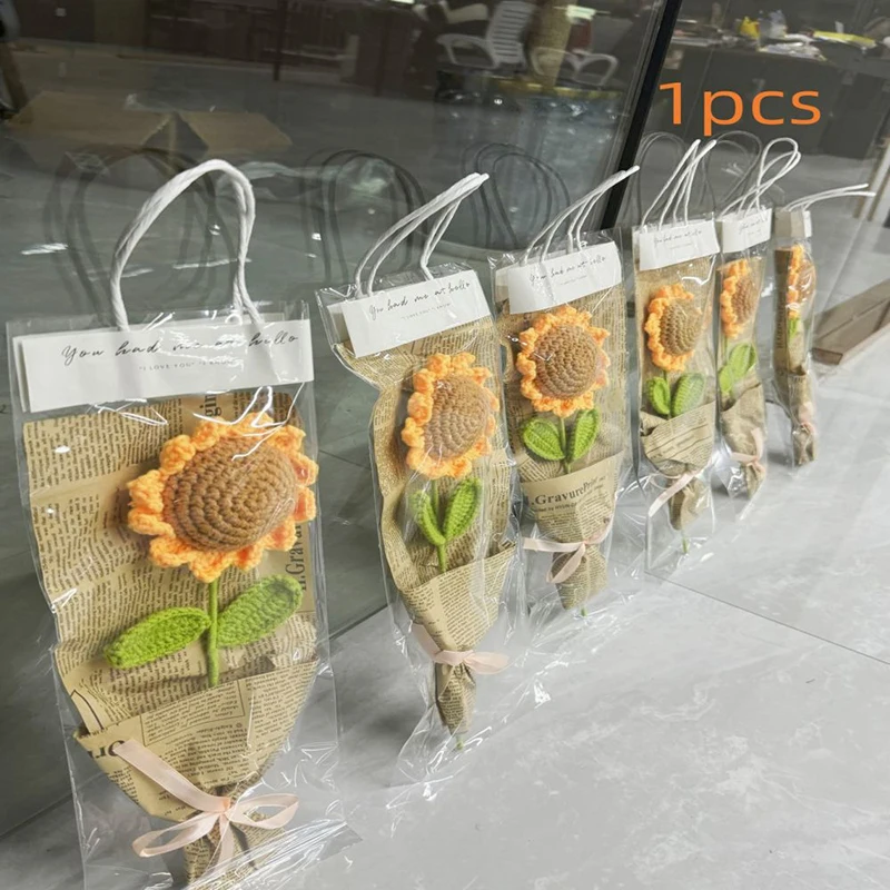 1Pcs Artificial Knitted Sunflower Handbag Boutique Packaging 2color Sunflower With Packing Bag Gift For Girlfriend