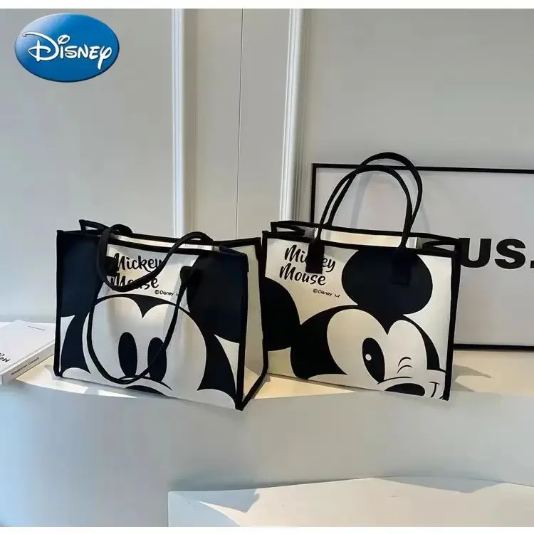 Disney Mickey Mouse Large Capacity Canvas Bag Women's Summer New Fashion Commuter Tote Bags Cartoon Print Shoulder Mommy Bag