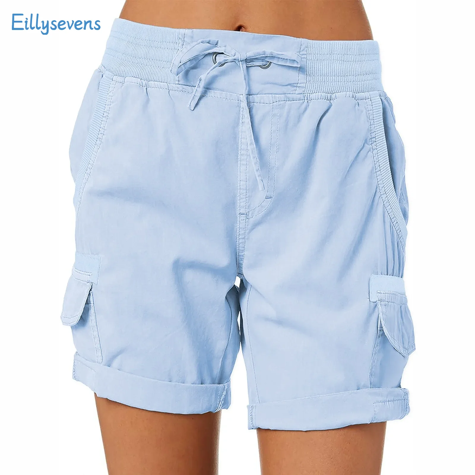 Women'S Workwear Shorts Classic Solid Fashion Pocket Drawstring Casual Elastic Waist Shorts Summer Classic Straight Shorts