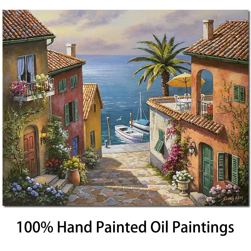 

Mediterranean Landscape Village Canvas Art Oil Painting Beautiful Wall Decor Hand Painted Modern Artwork Villas Private Dock