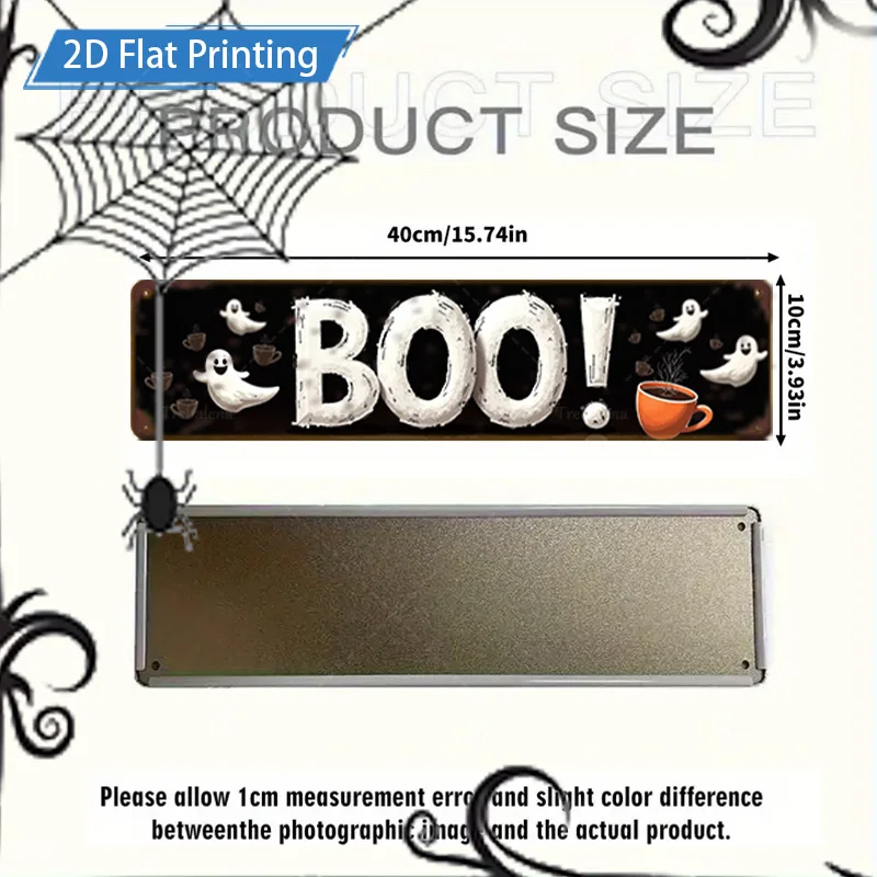 قطعة واحدة من لافتة معدنية، لافتة بو للهالوين مقاس 4 × 16 بوصة مع أشباح وقرع للديكور الاحتفالي #3
