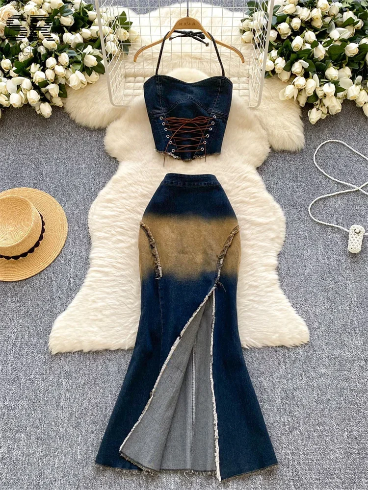 

Hot Gradient 2pcs Suit Ladies Lace Up Ruched Halter Tops+Split Zipper Skirt Women Fashion High Quality Sexy Denim Sets