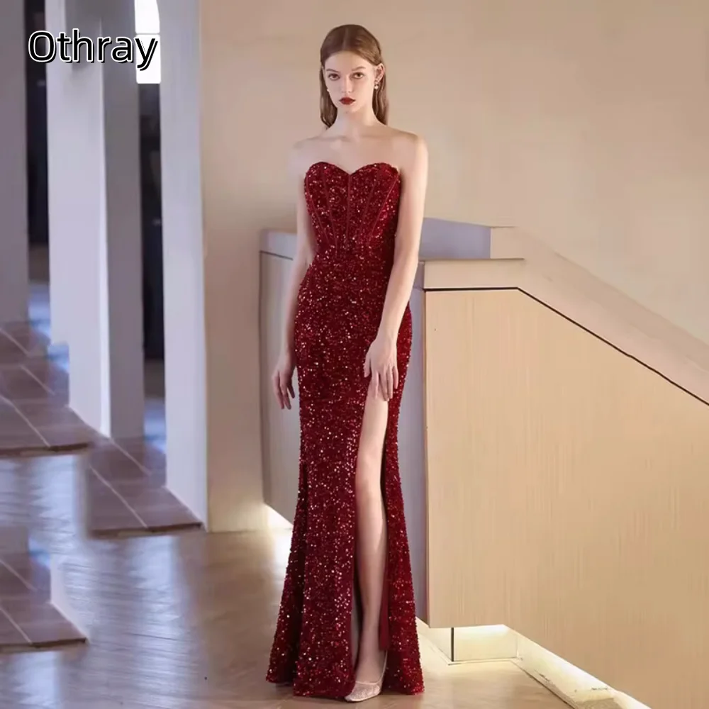 

Sequin High Side Slit Mermaid Sweetheart Customized Sleeveless Corset Sweep Train Glitter Prom Dresses فساتين للمناسبات الخاصة