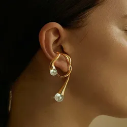 Vintage Punk Gold Color Pearl Ear Clip Earring For Women Exaggerated Metal Irregular Without Piercing Ear Cuff Jewelry Gifts