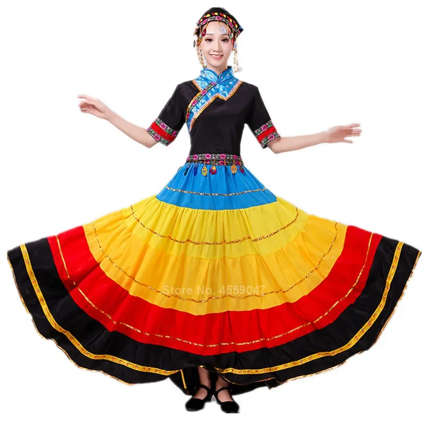 Patchwork Rainbow Color Flamenco Skirt for Women Gypsy Girls Big Swing Spanish Toreo Belly Dancing Stage Costumes Performance