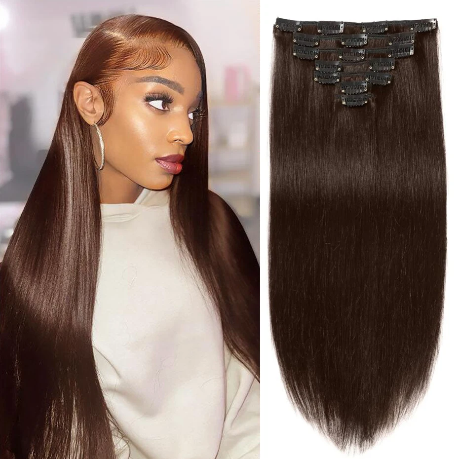 Clip In Hair Extensions Human Hair Brazilian Clip In 8 Pcs/Set 2# Dark Brown 8-26 Inch 120G Clip-in Extensions Virgin Human Hair