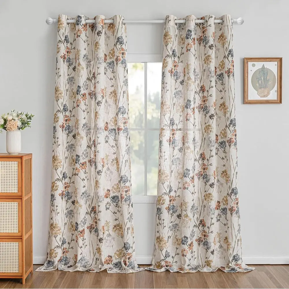 ستائر كتان زهرية صفراء - خصوصية شبه شفافة لغرف المعيشة وتناول الطعام، W52xL102، مجموعة من 2