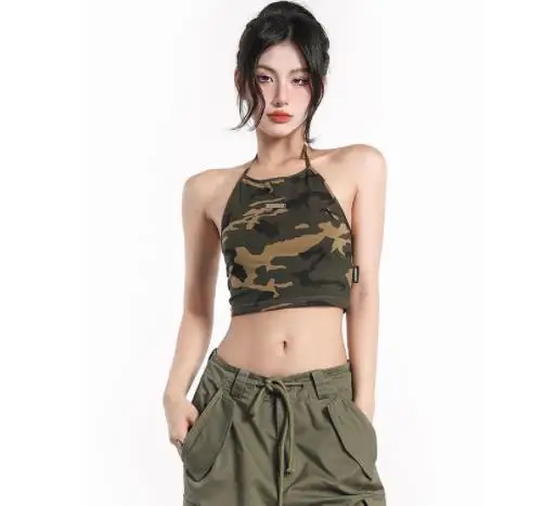 

Women Casual Tank Tops Camouflage Printed Sleeveless Backless -Fit Halter Crop Tops