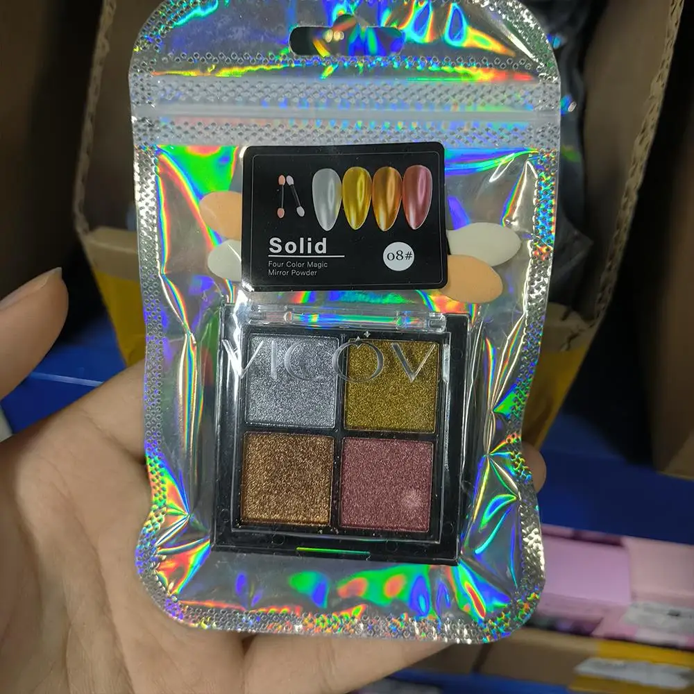 4 Kolory/Pudełko Metaliczny Puder do Paznokci z Efektem Lustra z 2 Pędzelkami Złoty/Srebrny/Szampański Chromowany Pigment w Proszku do Paznokci do Żelu UV