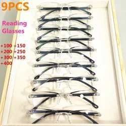 9-Pack Vintage Style Rimless Reading Glasses - Rectangular Frame, Blue Light Blocking, Anti-Fatigue, Unisex, Lightweight PC