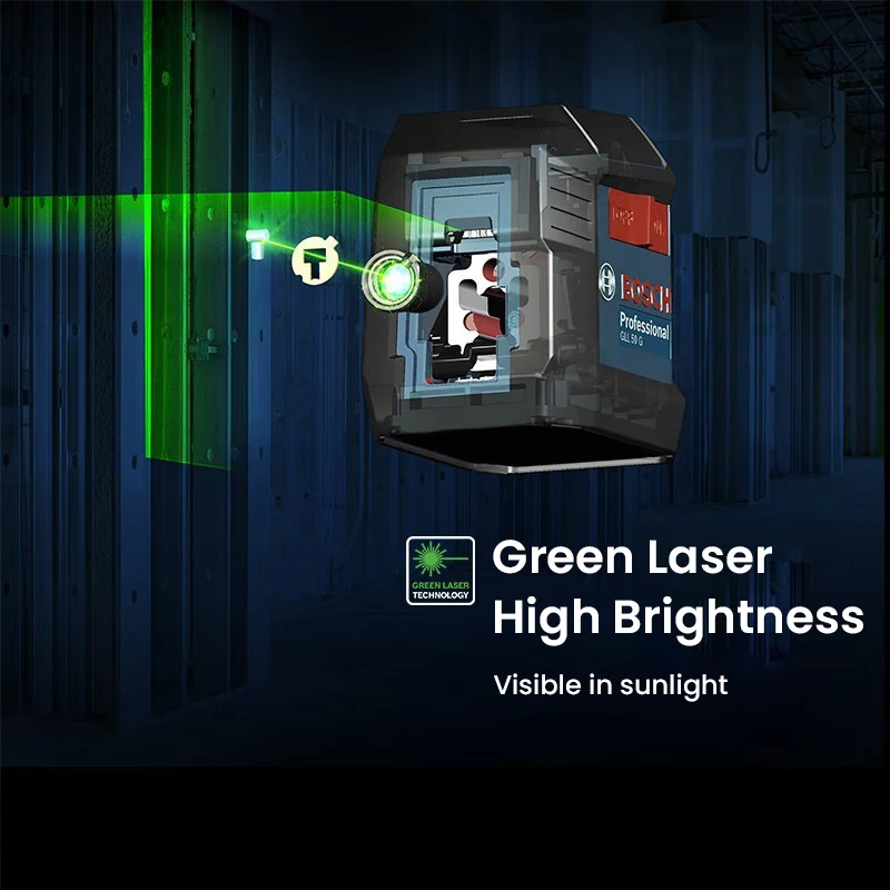 Bosch GLL 50 G Green Laser Leve Casting 2-liniowy, kompaktowy, precyzyjny marker do poziomowania i znakowania w pomieszczeniach