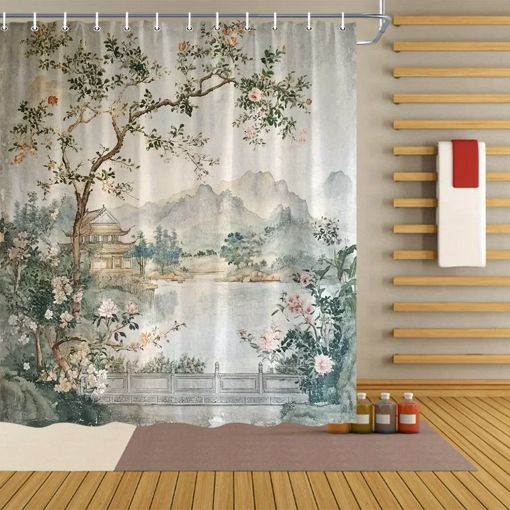 1pc Scenic Waterfall Forest Mountain Shower Curtain - Traditional Chinese Landscape Art with Blooming Flowers & Misty Mountains,