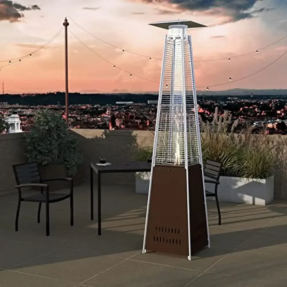 Outdoor Stainless Steel Pyramid Propane Patio Heater with Wheels 42,000 BTU Heat Radius Gas Powered Weather Resistant Easy to