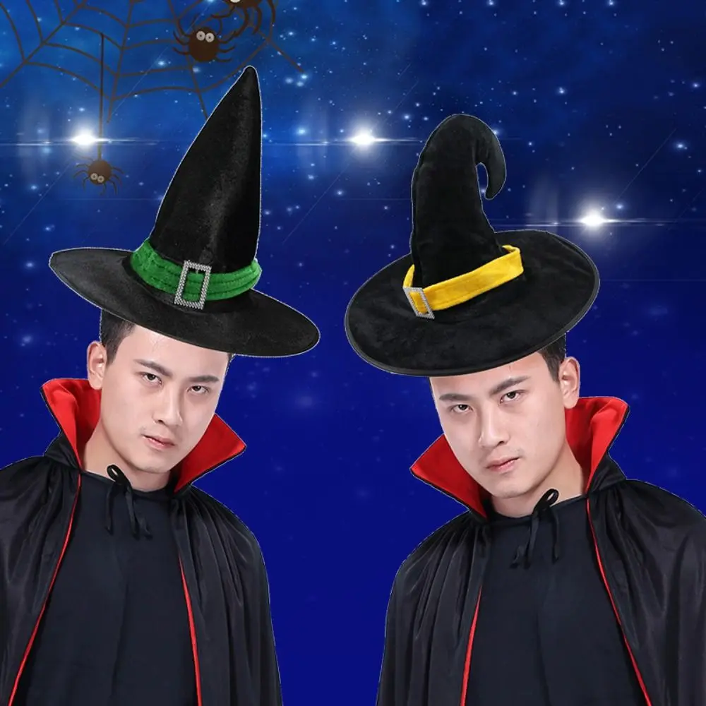 Simple Velvet Halloween Witch Wizard Hat Bending Angle Satin Ribbon Halloween Hat Costume Props Gilding Devil Cap Adults