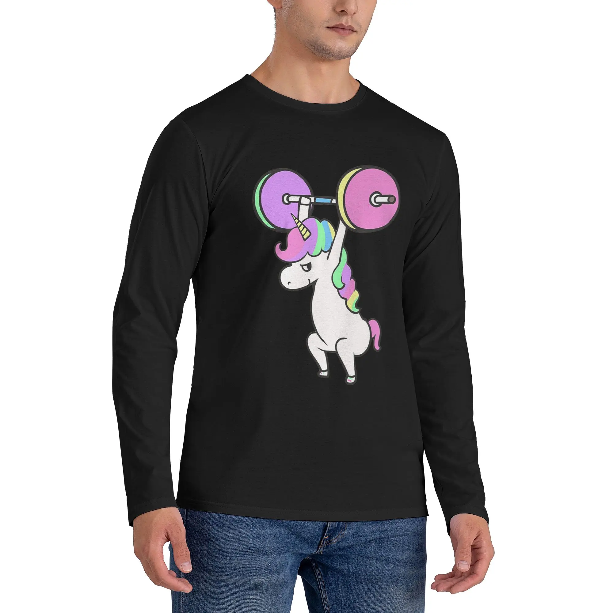 

Мужская футболка с длинными рукавами и единорогом для тяжелой атлетики, дышащие футболки с круглым вырезом, весенние и осенние мужские топы