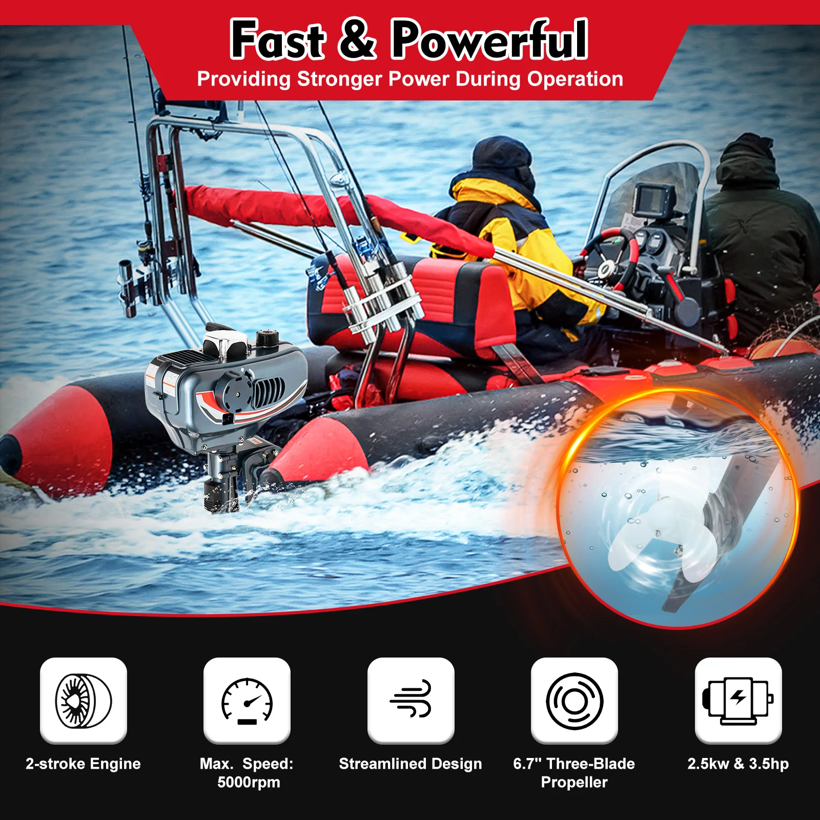 3.5HP เครื่องยนต์เรือประมงเป่าลม2มอเตอร์ใบพัดเรือพร้อมระบบระบายความร้อนด้วยน้ำแบบ CDI